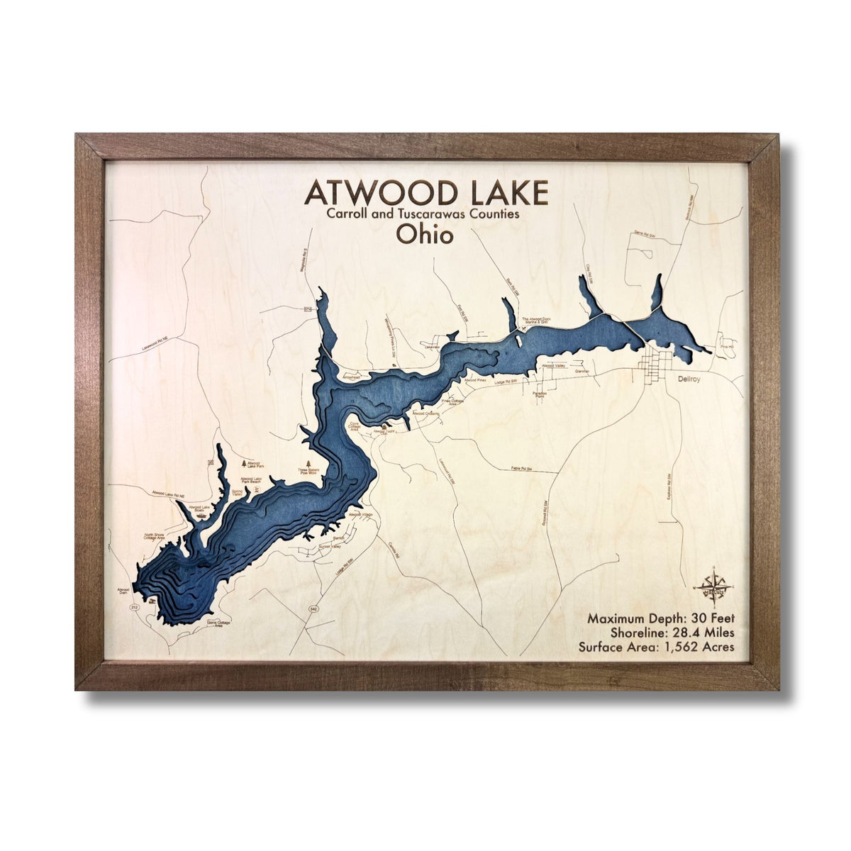 Atwood Lake multilayer wood map with brown frame. 