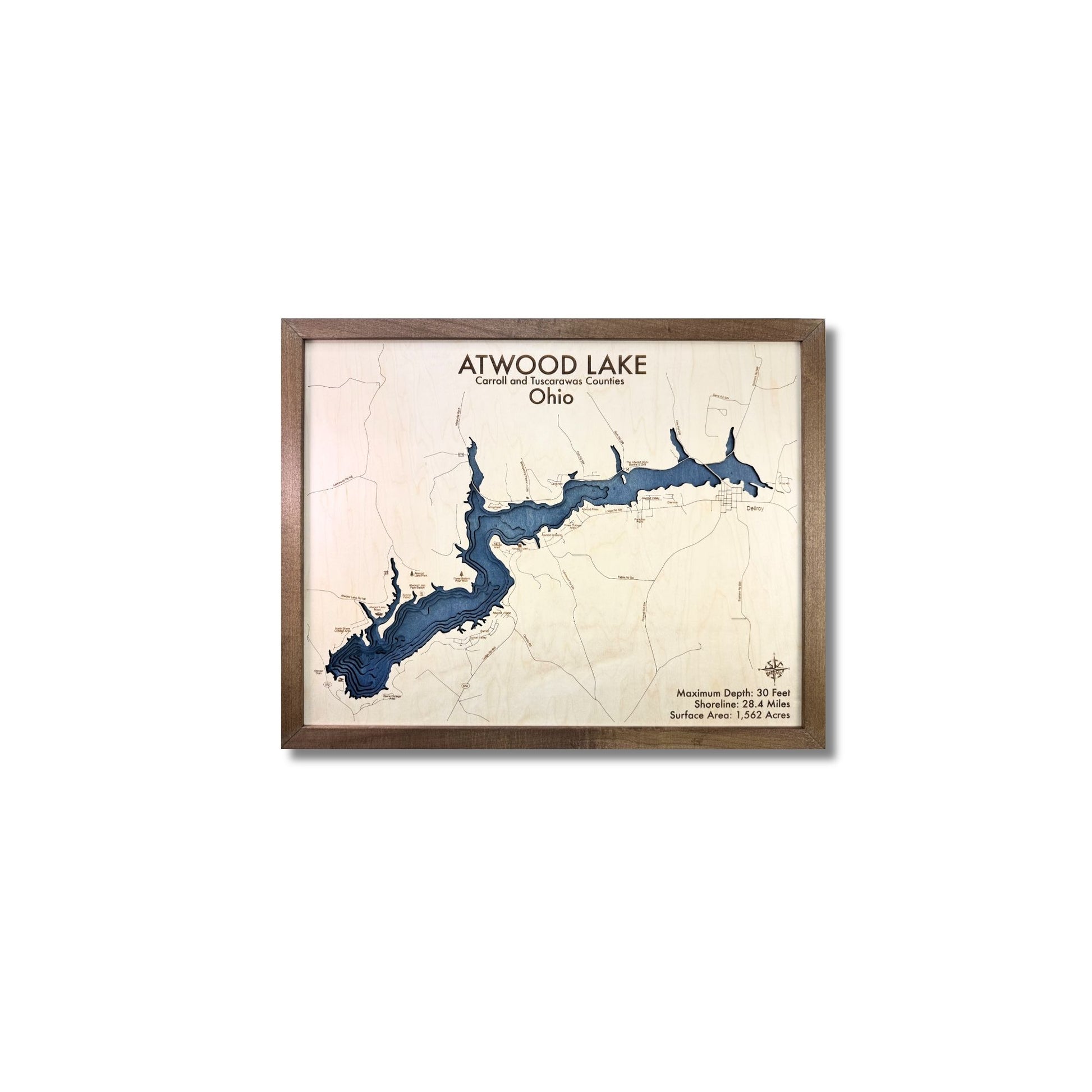 Walnut colored framed map of Atwood Lake, Ohio on a white background.