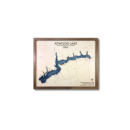 Walnut colored framed map of Atwood Lake, Ohio on a white background.