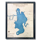 Framed engraved wooden map of Aurora Lake with personalized text and icons. 
