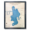 Framed engraved wooden map of Aurora Lake with personalized text and icons. 