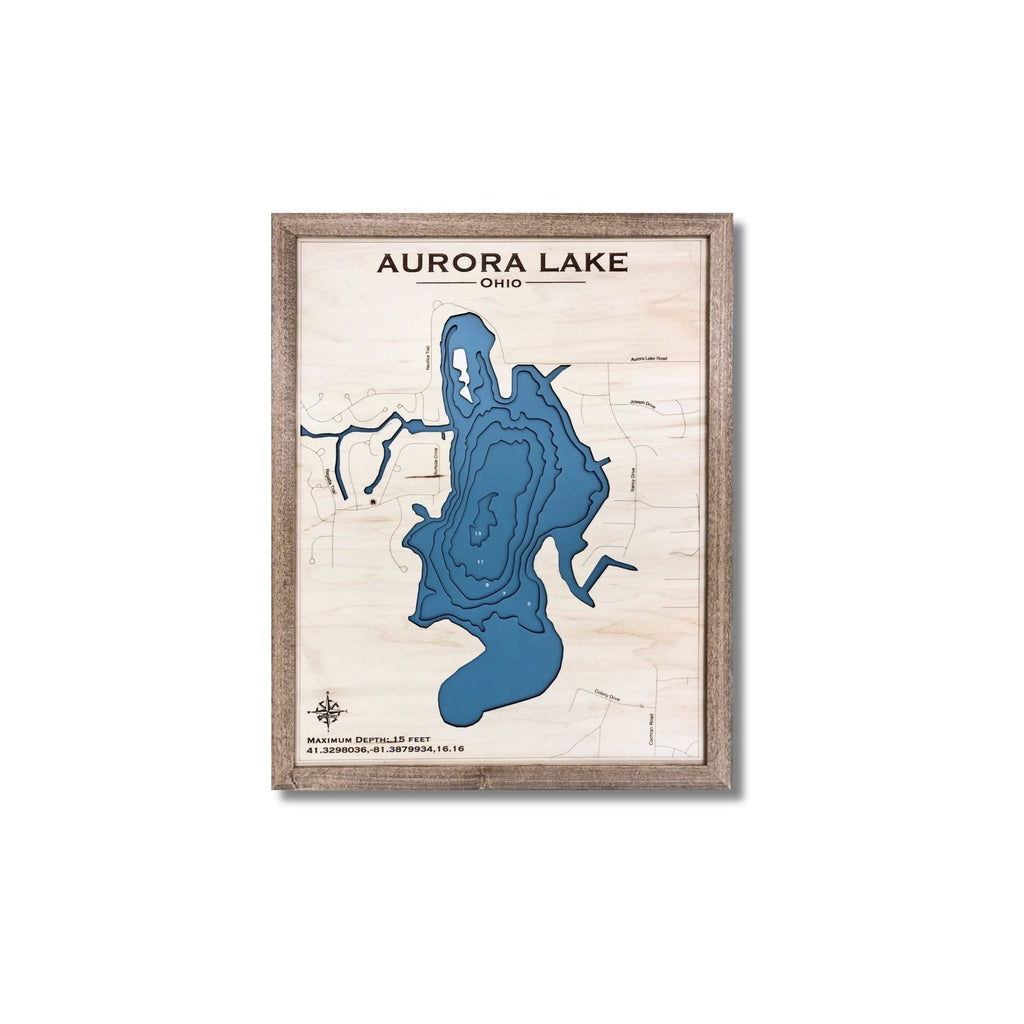 Framed wooden map of Aurora Lake, Ohio on a white background.