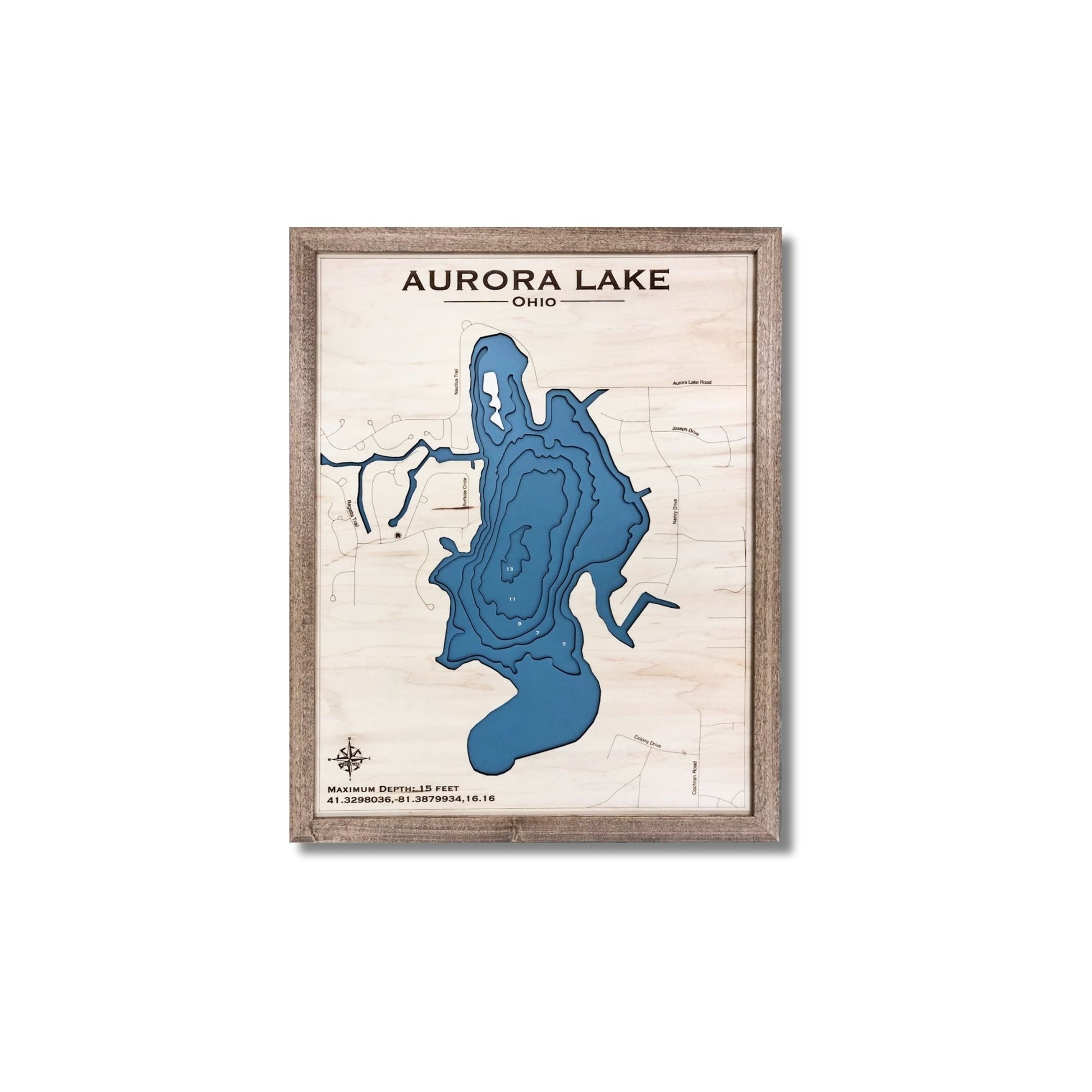 Framed wooden map of Aurora Lake, Ohio on a white background.