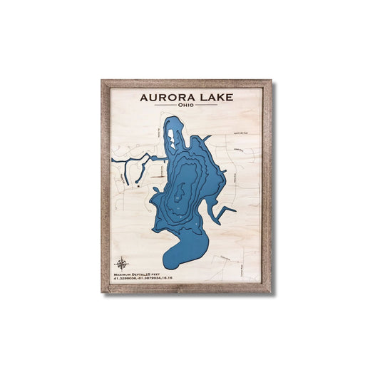 Framed wooden map of Aurora Lake, Ohio on a white background.
