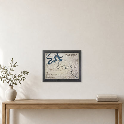 Austin Brown wood map — single layer, staged room mockup