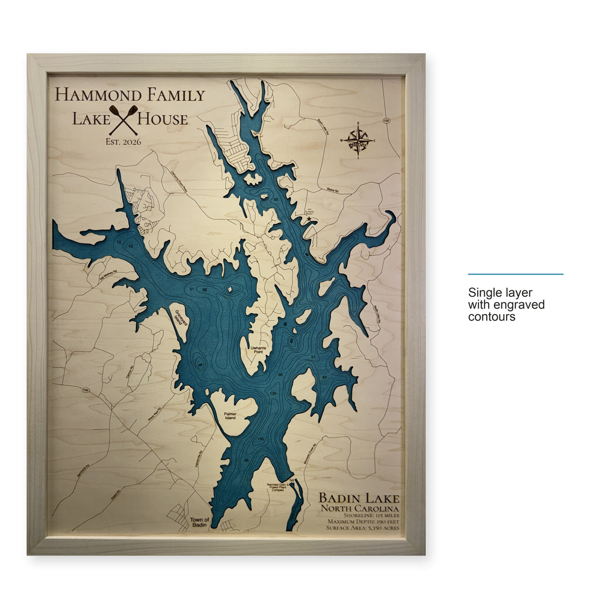 Badin Hammond wood map — single layer with engraved contours, layer option shown