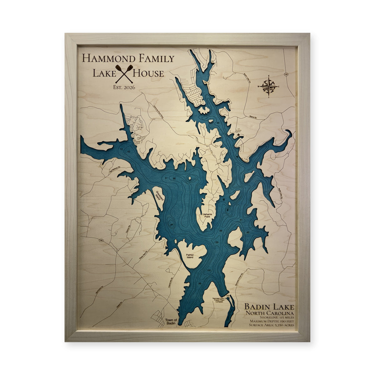 Badin Hammond wood map — single layer with engraved contours, white background