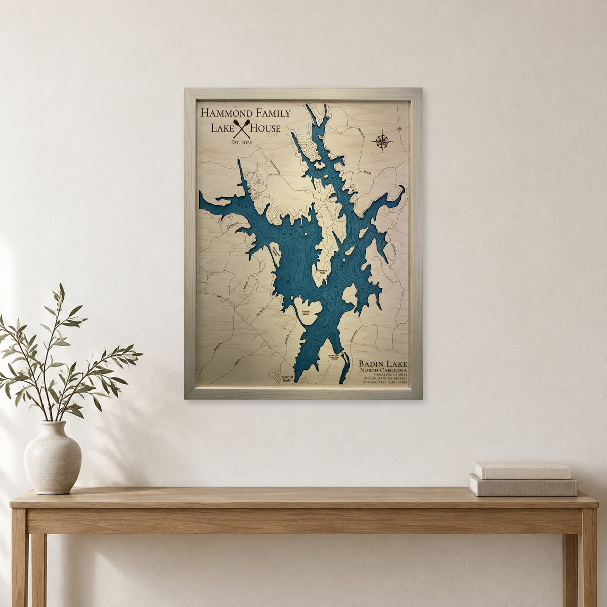 Badin Hammond wood map — single layer with engraved contours, staged room mockup