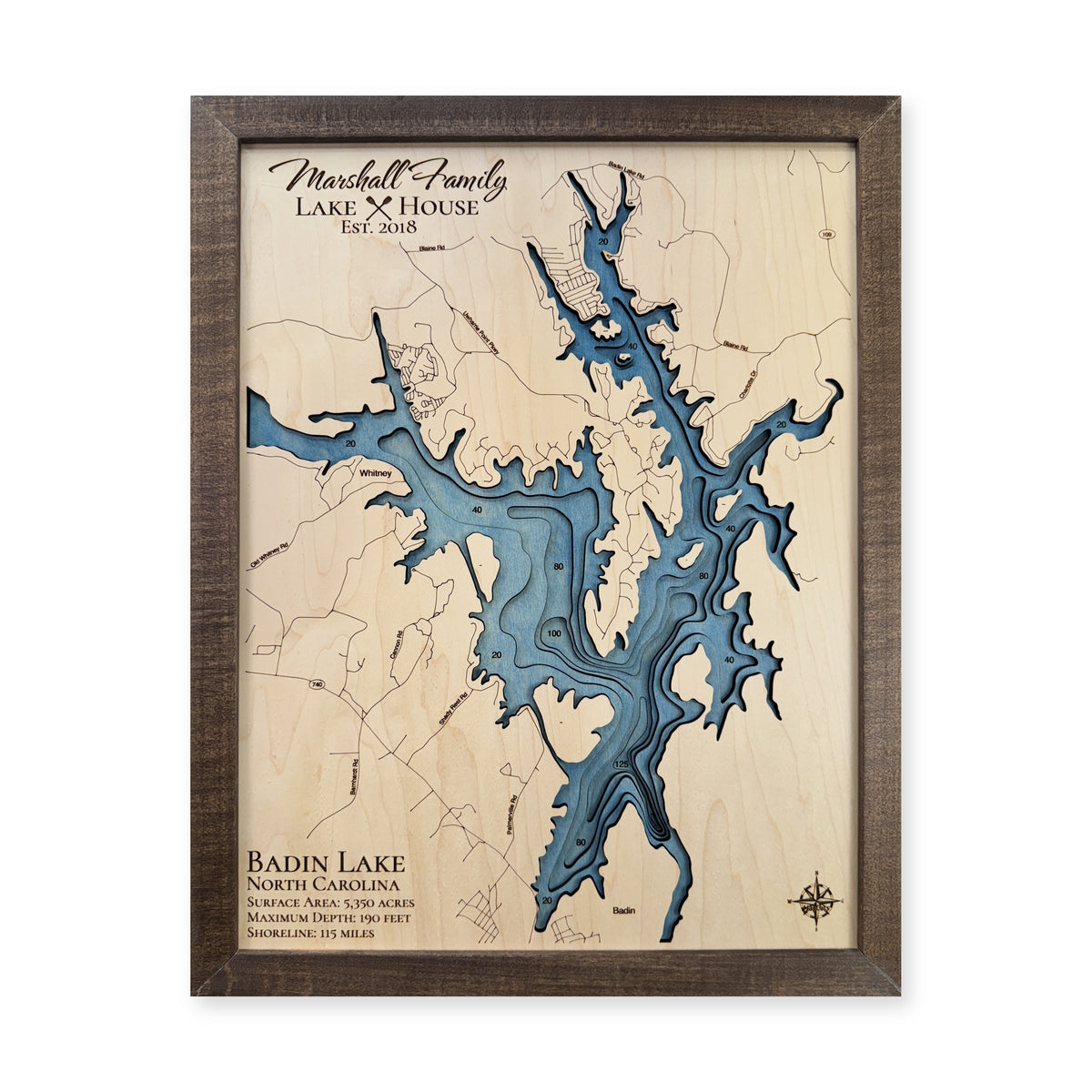 Badin Lake wood map — multilayer, white background