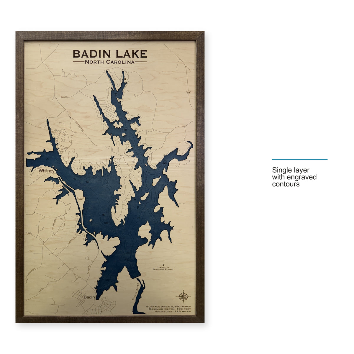 Badin Walnut Engraved wood map — single layer with engraved contours, layer option shown