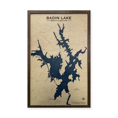 Badin Walnut Engraved wood map — single layer with engraved contours, white background
