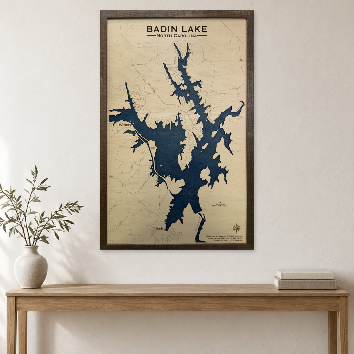 Badin Walnut Engraved wood map — single layer with engraved contours, staged room mockup