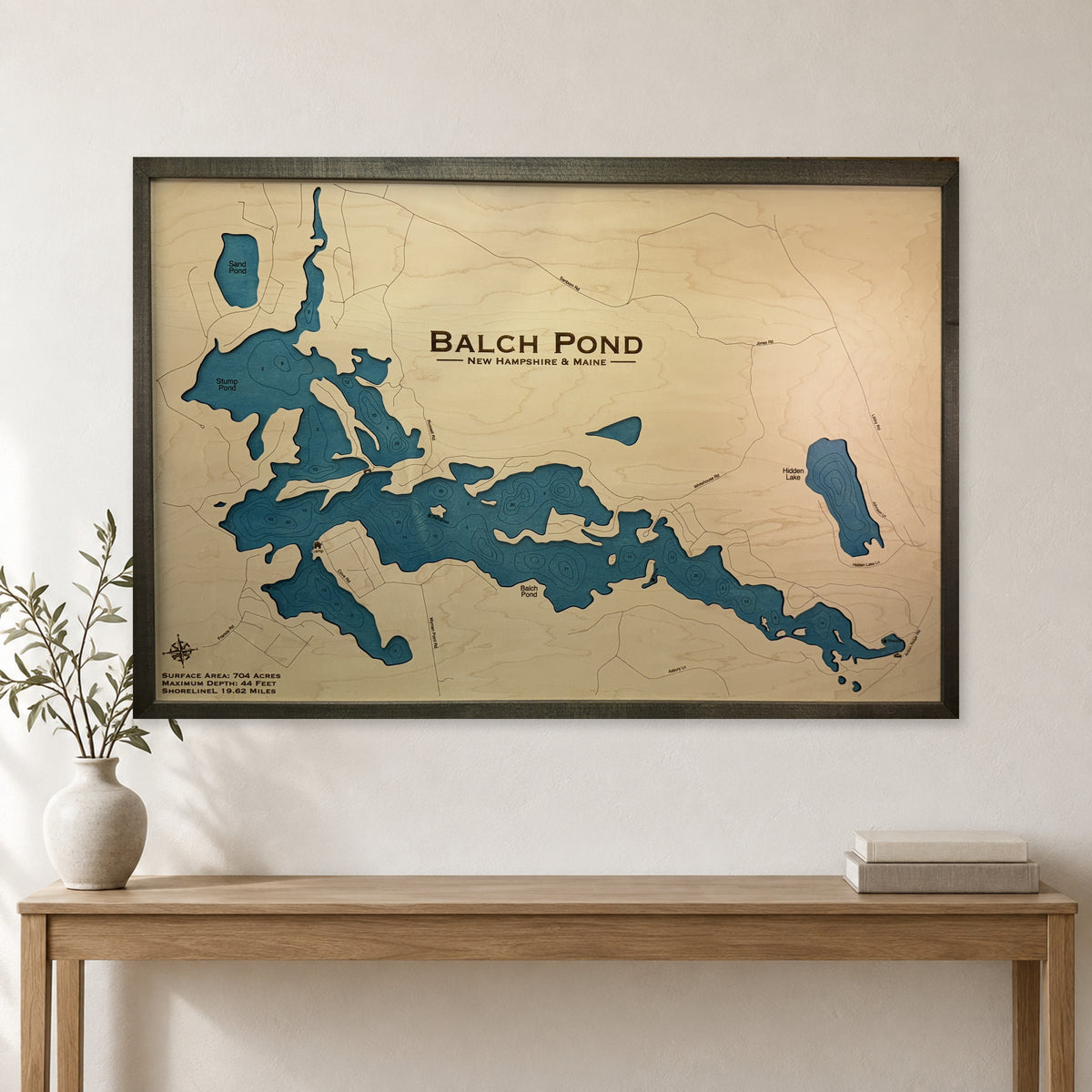 Balch Capani wood map — single layer with engraved contours, staged room mockup