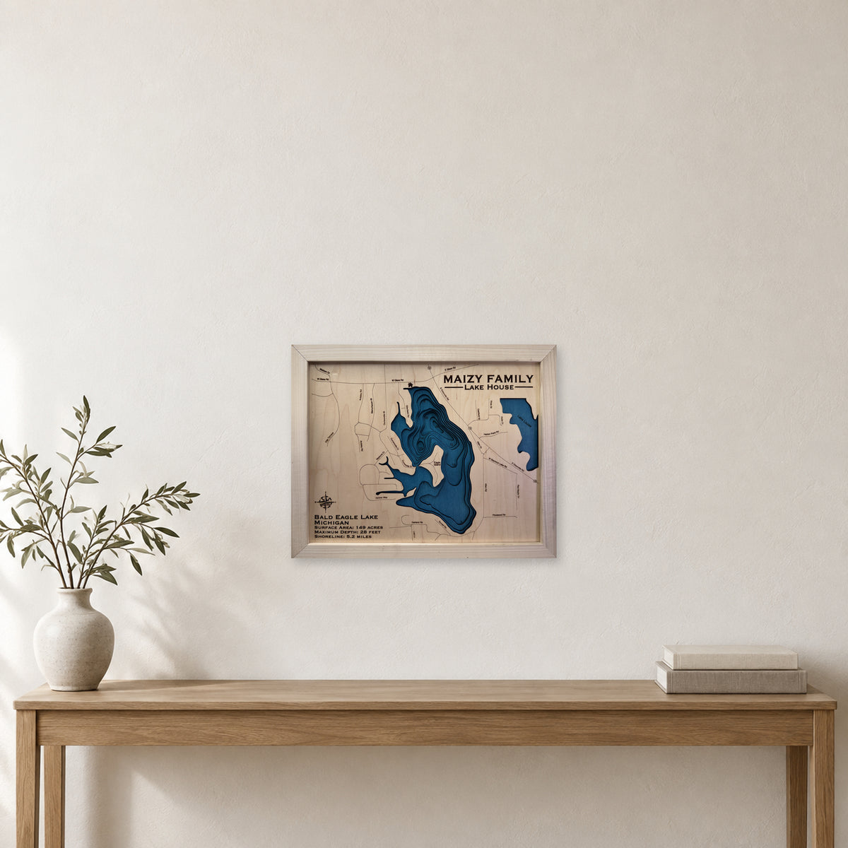 Bald Eagle Maizy wood map — multilayer, staged room mockup