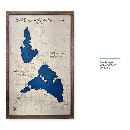 Bald Eagle White Bear wood map — single layer with engraved contours, layer option shown