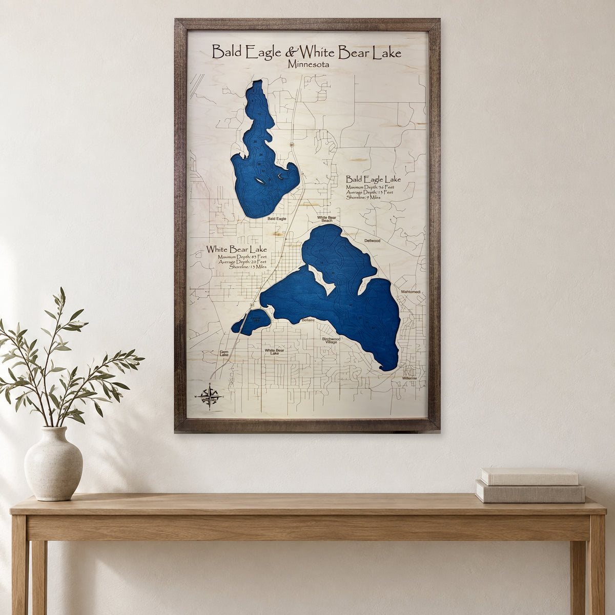 Bald Eagle White Bear wood map — single layer with engraved contours, staged room mockup