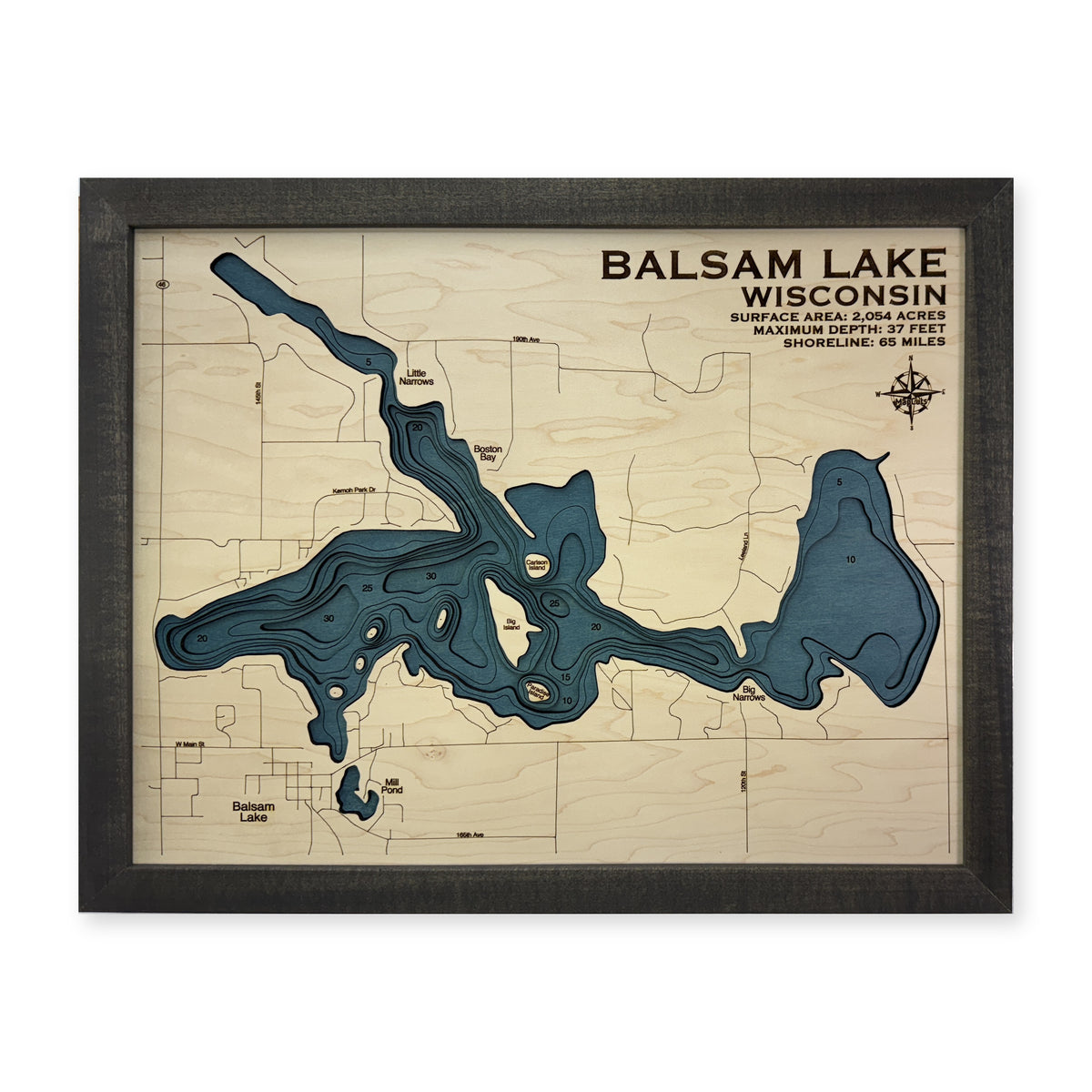 Balsam Lake wood map — multilayer, white background
