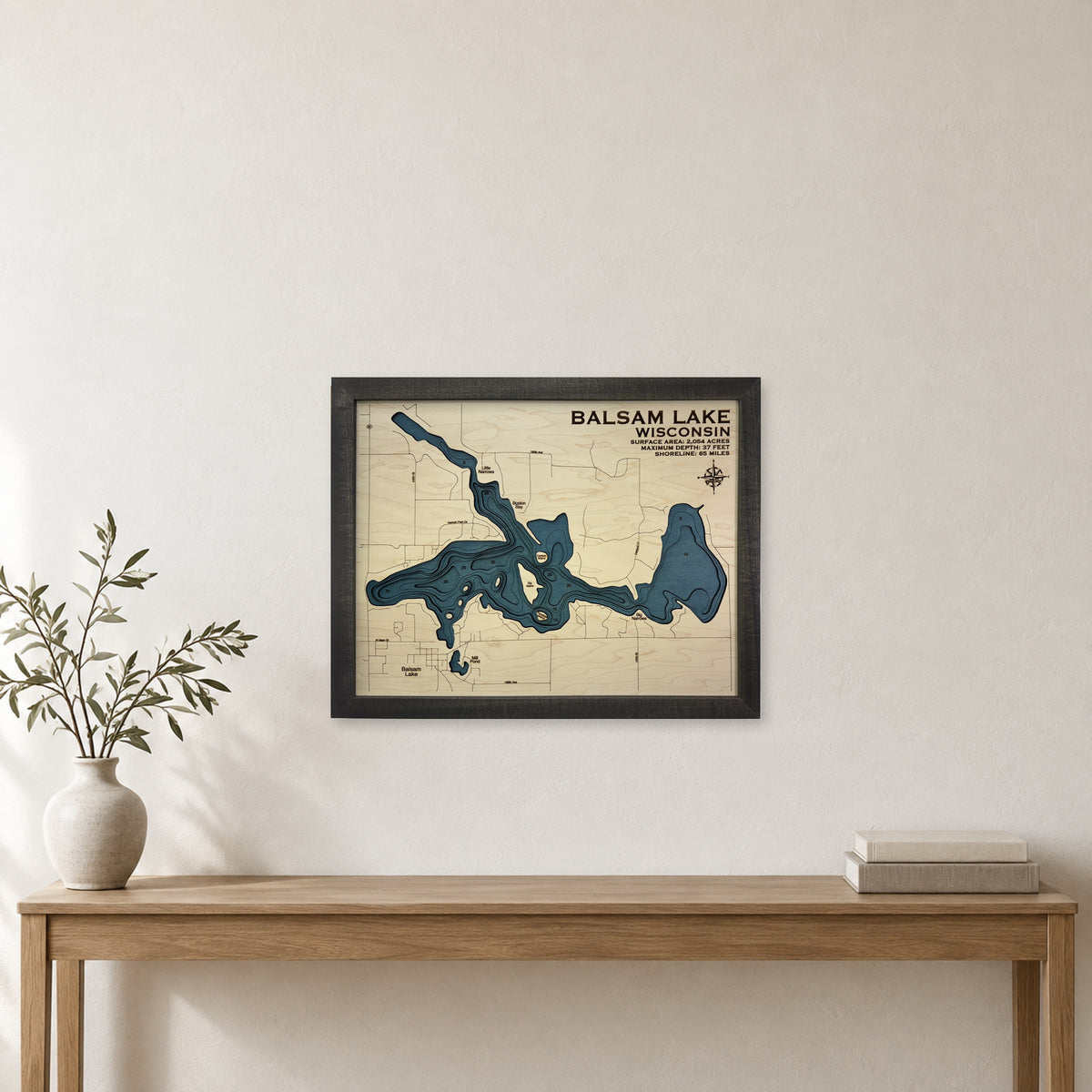 Balsam Lake wood map — multilayer, staged room mockup