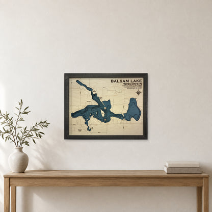 Balsam Lake wood map — multilayer, staged room mockup