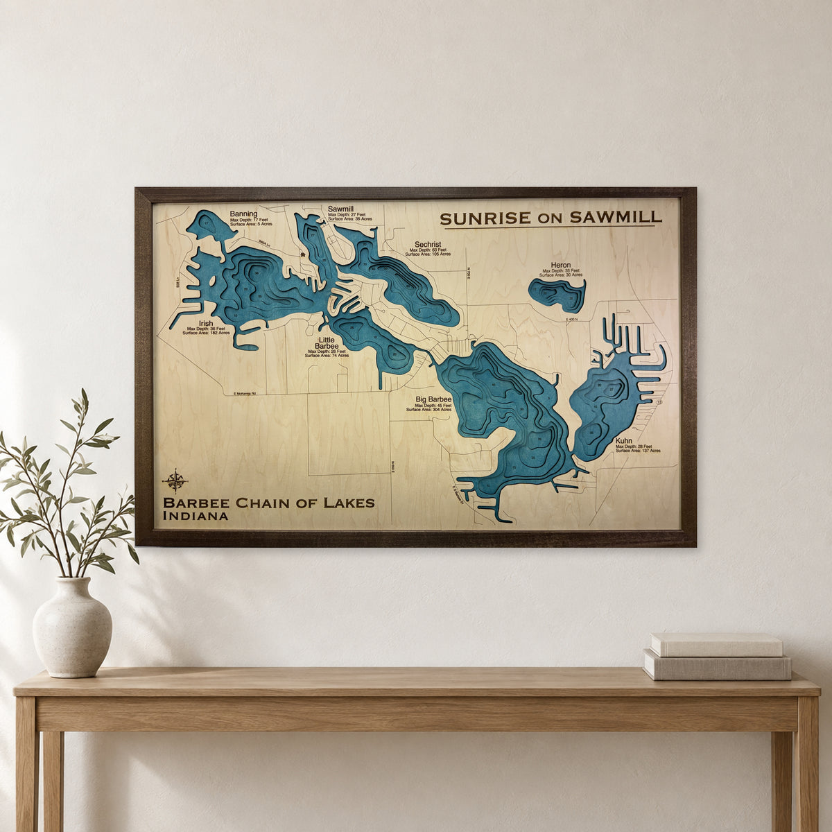Barbee Sunrise wood map — multilayer, staged room mockup
