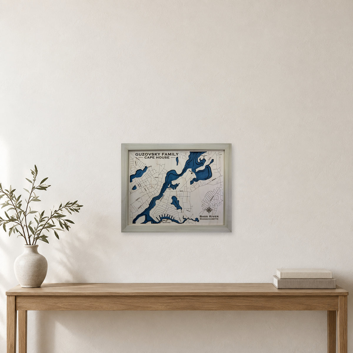 Bass River Guzovsky wood map — multilayer, staged room mockup