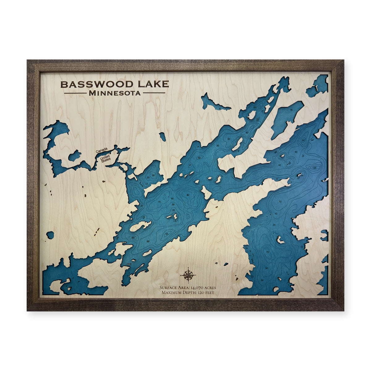 Basswood Groom wood map — single layer with engraved contours, white background