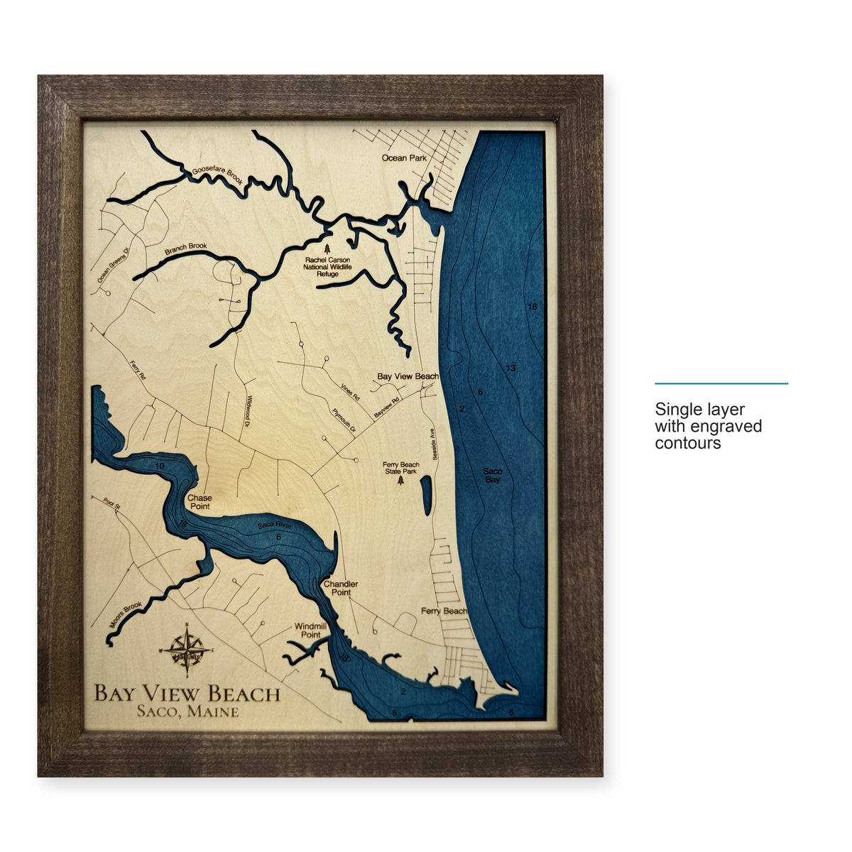 Bay View Beach wood map — single layer with engraved contours, layer option shown
