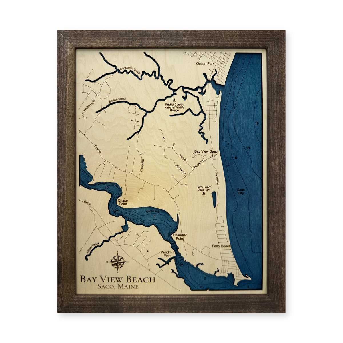 Bay View Beach wood map — single layer with engraved contours, white background