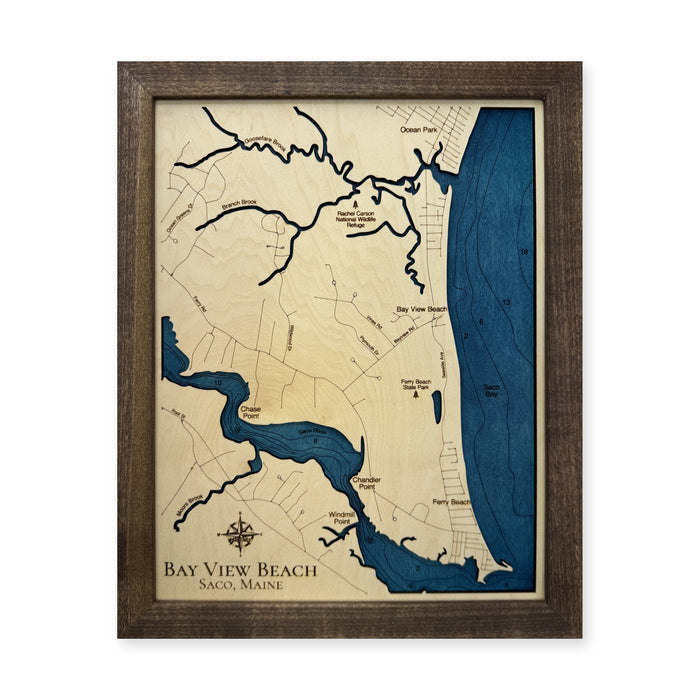Bay View Beach wood map — single layer with engraved contours, white background