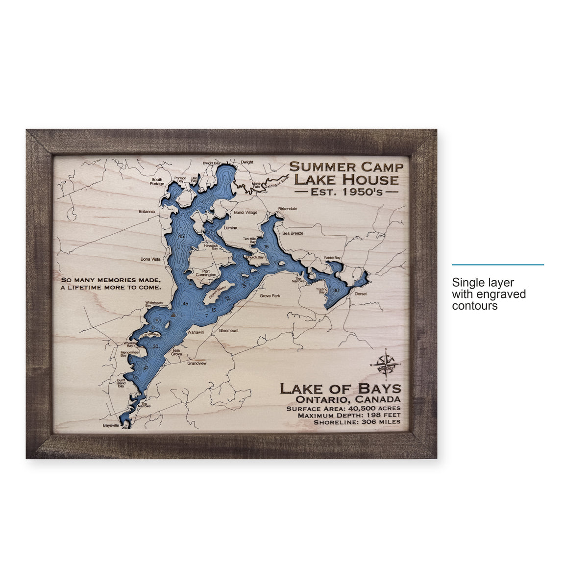 Bays Summer Camp wood map — single layer with engraved contours, layer option shown