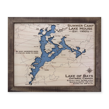Bays Summer Camp wood map — single layer with engraved contours, white background