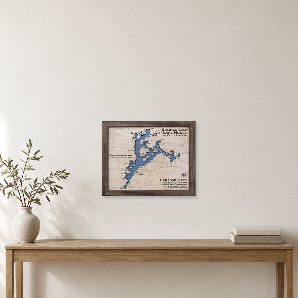 Bays Summer Camp wood map — single layer with engraved contours, staged room mockup