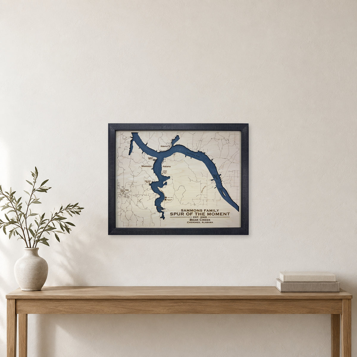 Bear Creek Sammons wood map — single layer, staged room mockup