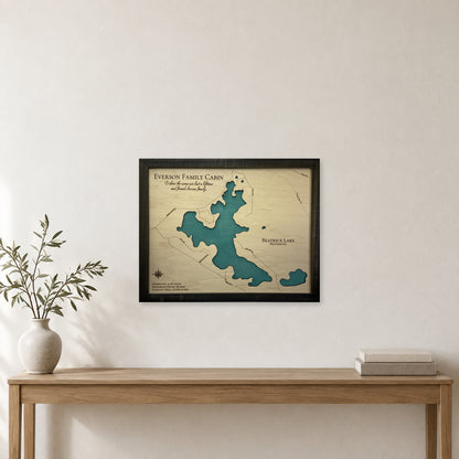 Beatrice Everson wood map — single layer, staged room mockup