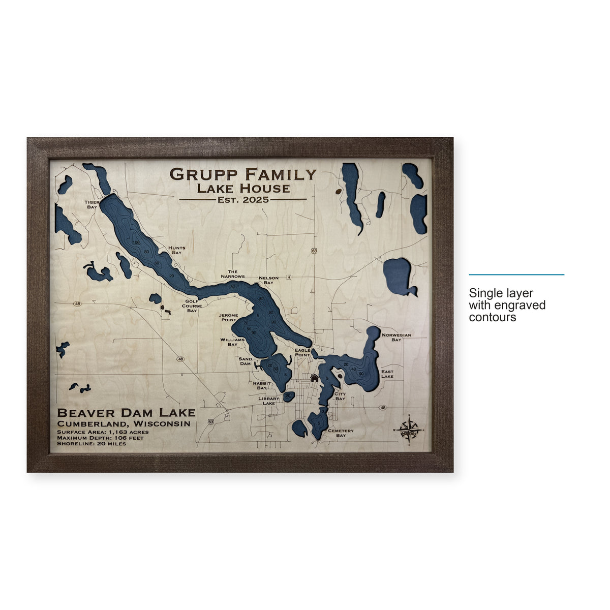 Beaver Dam Grupp wood map — single layer with engraved contours, layer option shown