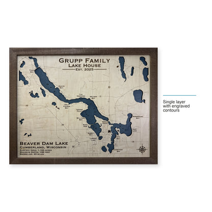 Beaver Dam Grupp wood map — single layer with engraved contours, layer option shown