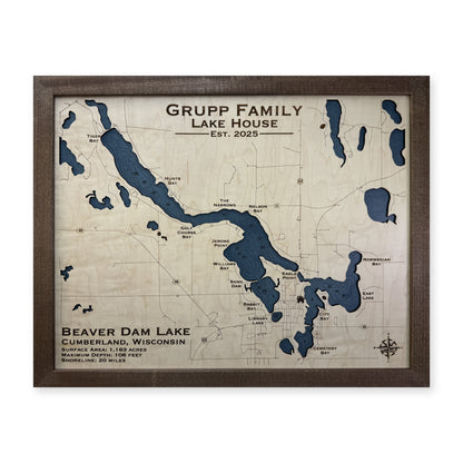 Beaver Dam Grupp wood map — single layer with engraved contours, white background