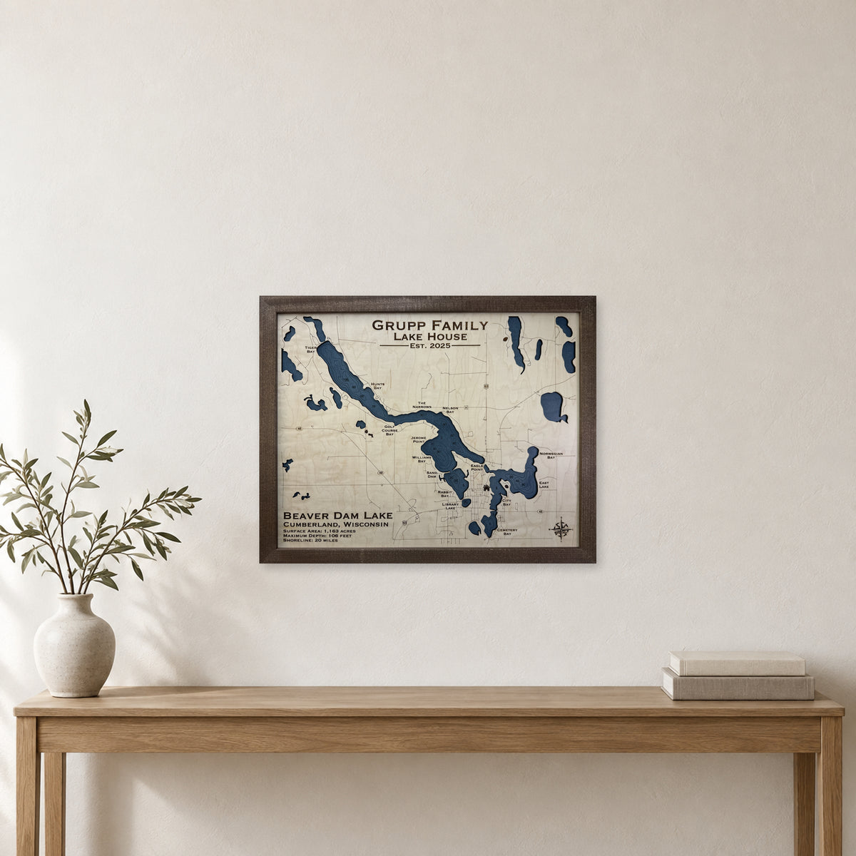Beaver Dam Grupp wood map — single layer with engraved contours, staged room mockup