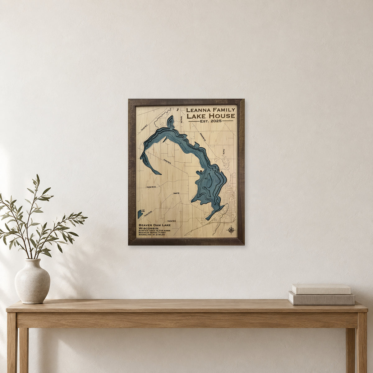 Beaver Dam Leanna wood map — multilayer, staged room mockup
