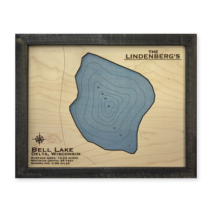 Bell Lindenberg wood map — single layer with engraved contours, white background