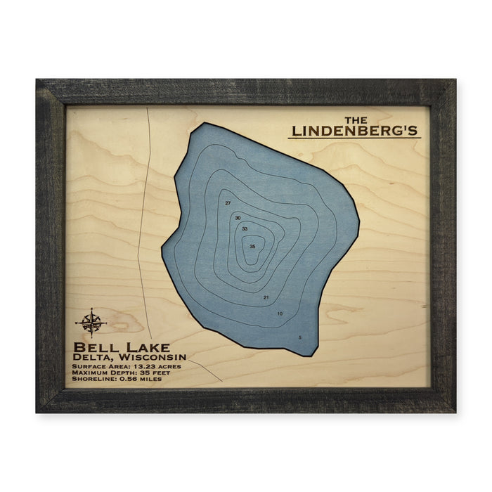 Bell Lindenberg wood map — single layer with engraved contours, white background