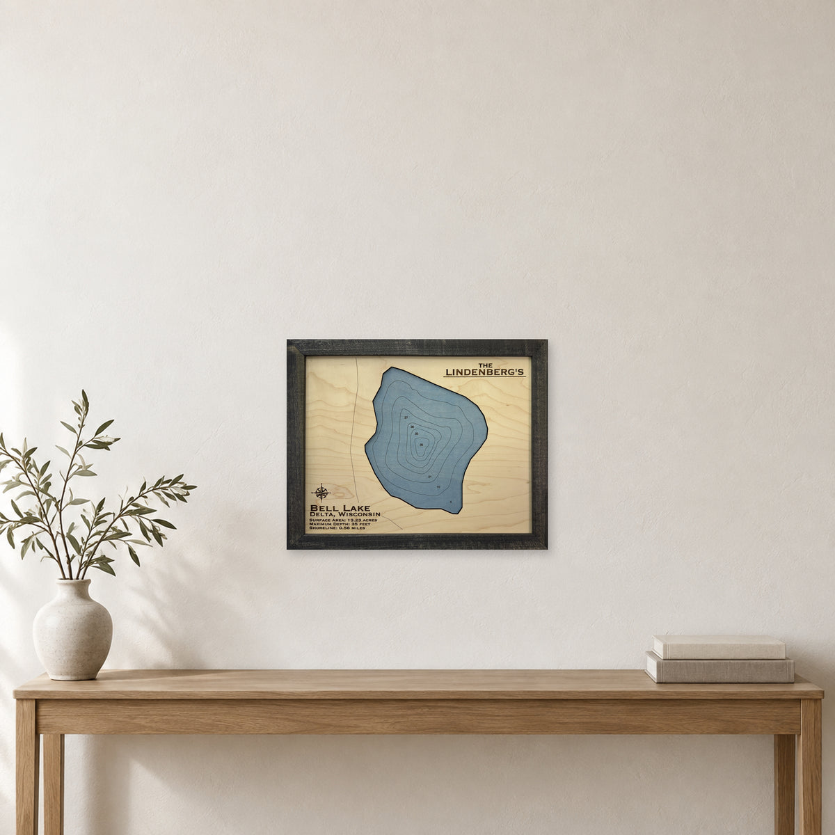 Bell Lindenberg wood map — single layer with engraved contours, staged room mockup