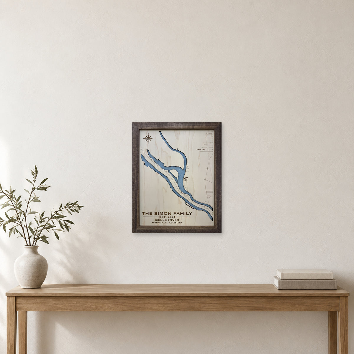 Belle River Simon wood map — single layer, staged room mockup