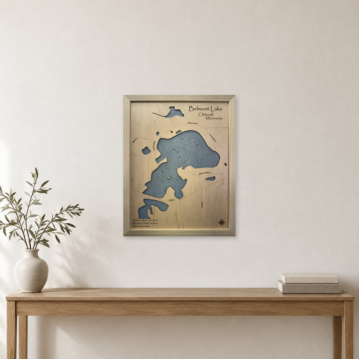 Belmont Clitherall wood map — single layer with engraved contours, staged room mockup