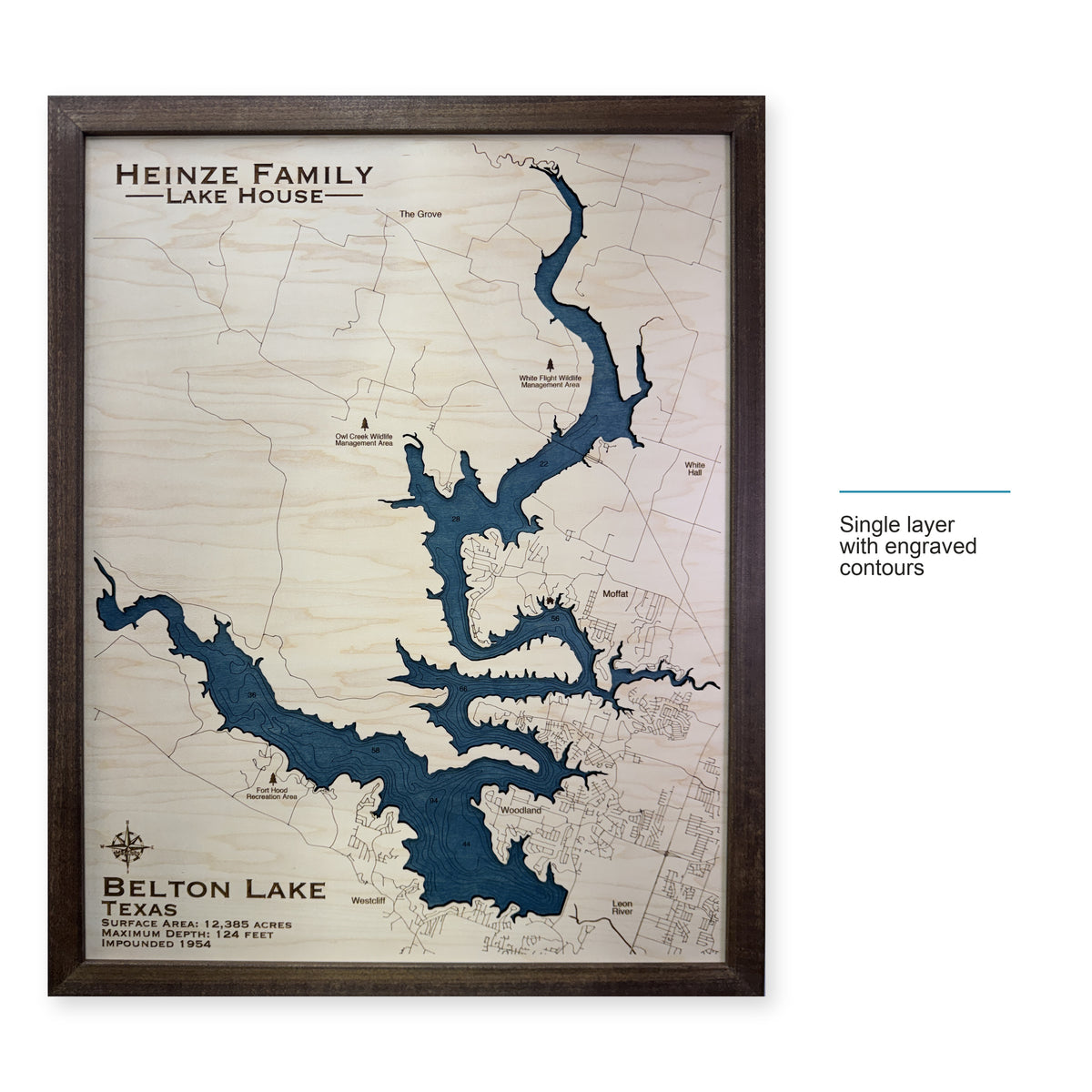 Belton Heinze wood map — single layer with engraved contours, layer option shown
