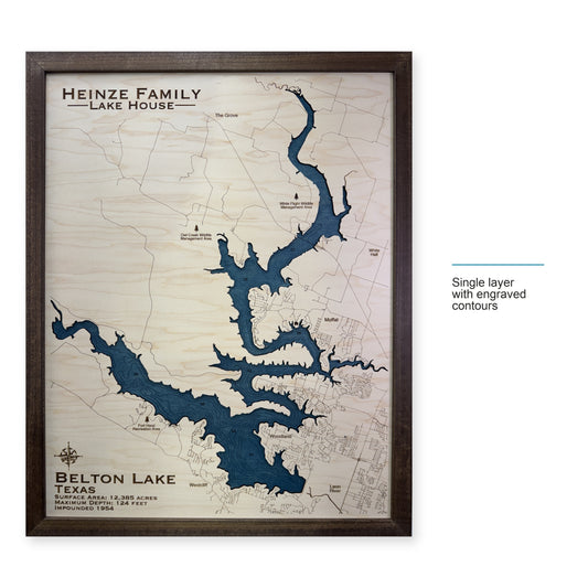 Belton Heinze wood map — single layer with engraved contours, layer option shown