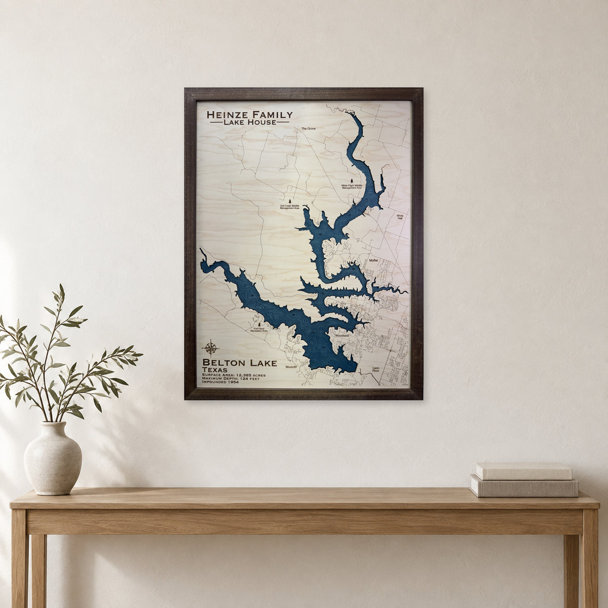 Belton Heinze wood map — single layer with engraved contours, staged room mockup