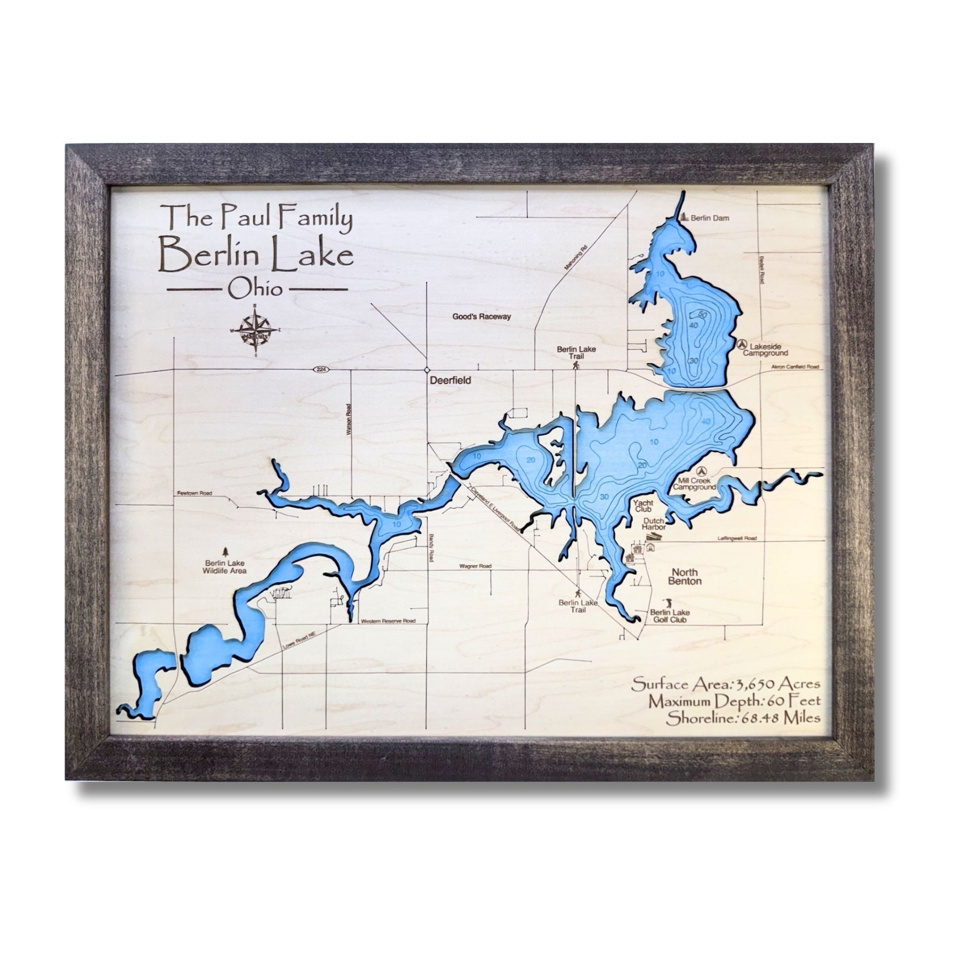 Engraved water layer wooden map of Berlin lake with light blue water stain. 