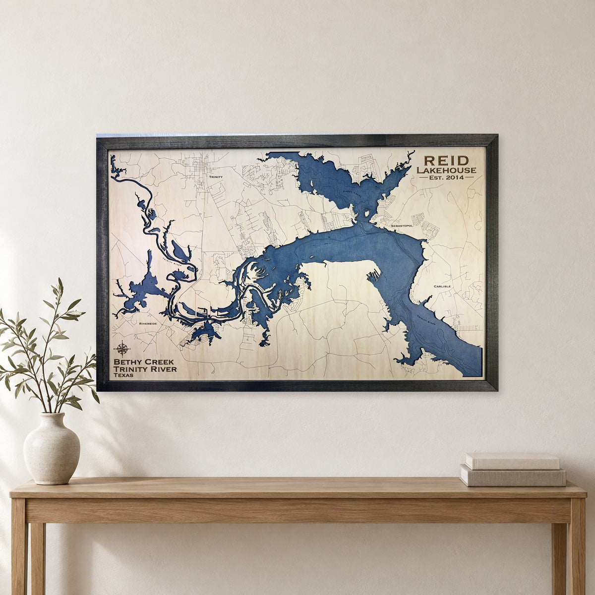 Bethy Creek Reid wood map — single layer with engraved contours, staged room mockup