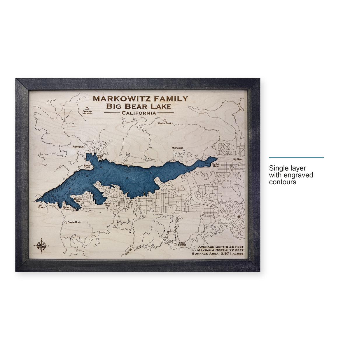 Big Bear Markowitz wood map — single layer with engraved contours, layer option shown